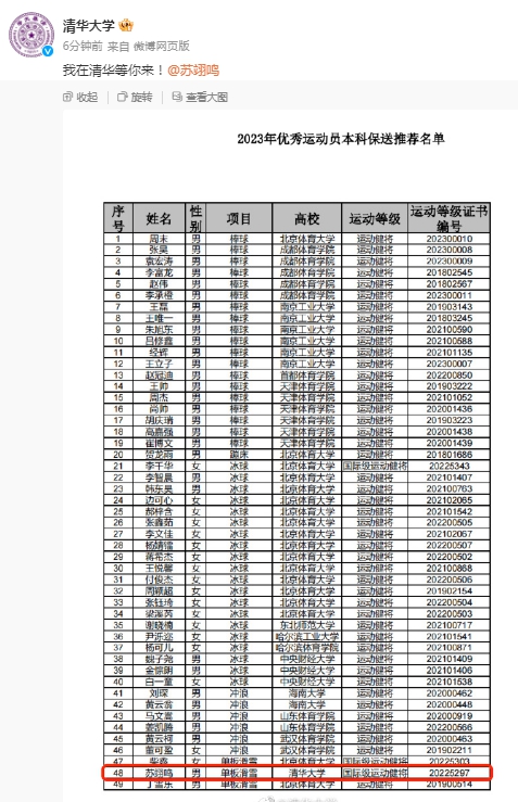 苏翊鸣获得清华大学保送资格 本人和清华回应