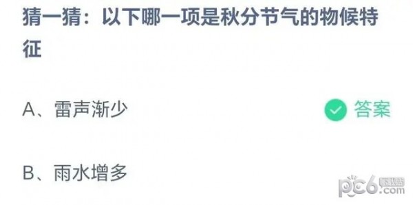 支付宝蚂蚁庄园小课堂今日答题答案 以下哪一项是秋分节气的物候特征