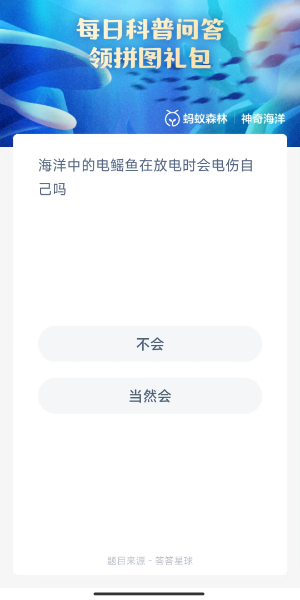 2023神奇海洋10月30日答案 海洋中的电鳐鱼在放电时会电伤自己吗